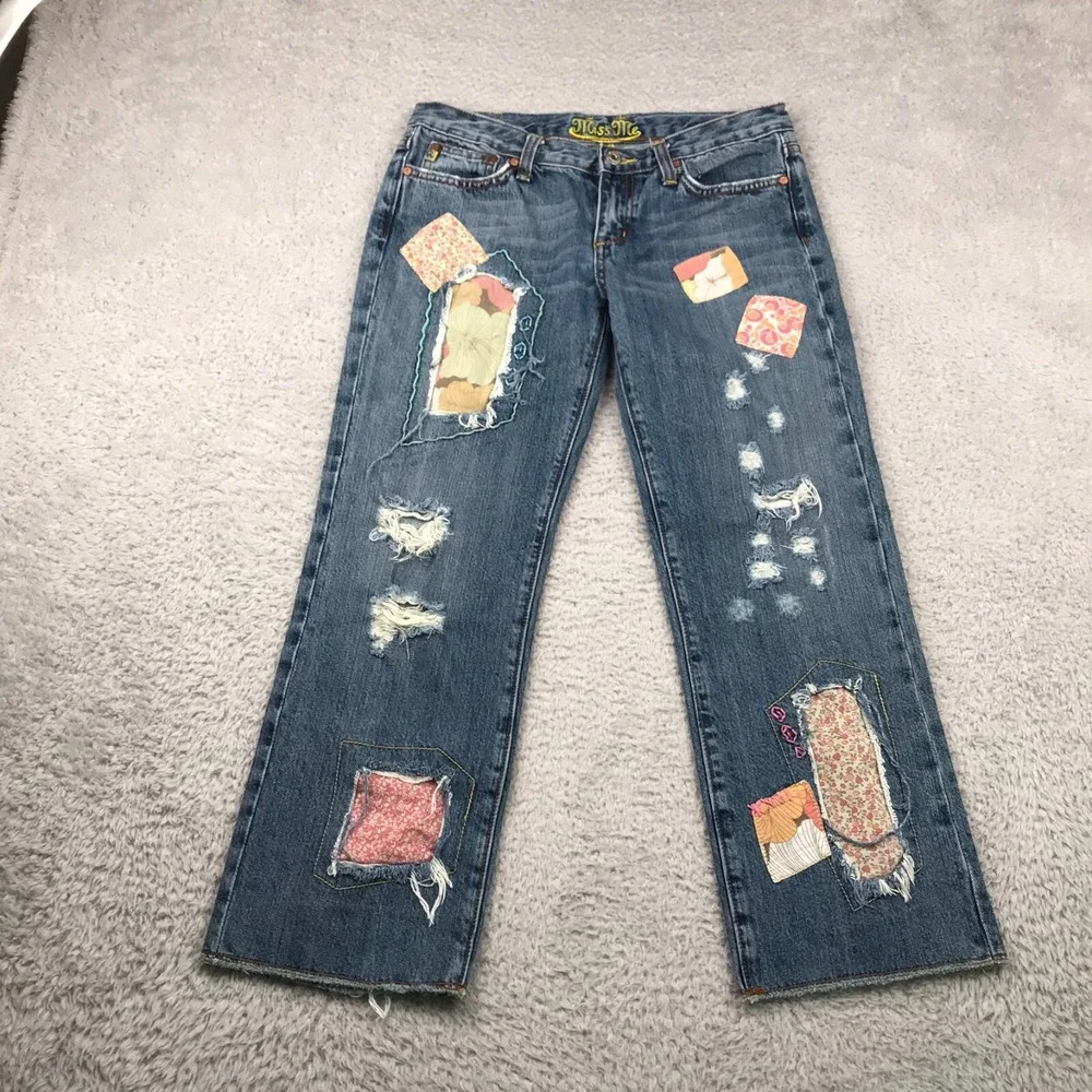 Miss Me Jeans Womens 29 (31x25) Distressed Patchwork Cropped Retro Hippie Denim - Picture 1 of 14